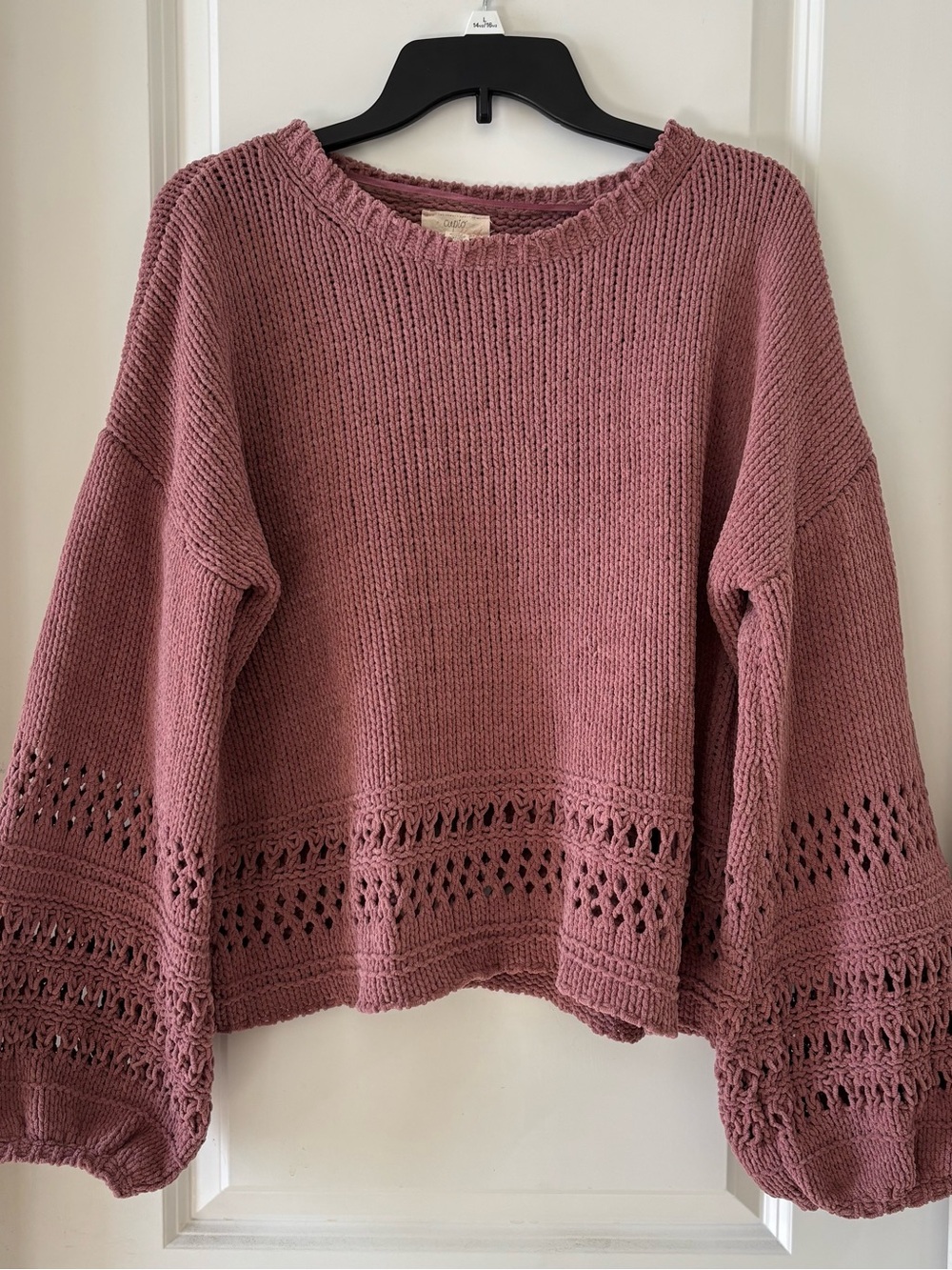 Women's Dusty Rose Crochet-Hem Pullover Sweater Large